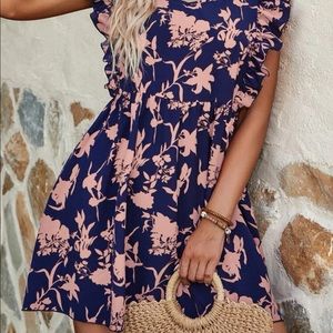 Floral Print Ruffle Trim Smock Dress XL